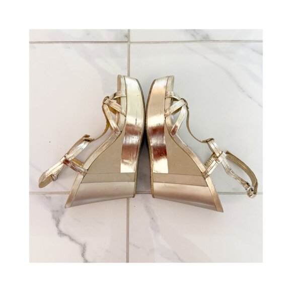 PRADA Gold Leather T Strap Wedge Sandals Size 38.5 (8.5) Y2K - Picture 7 of 11